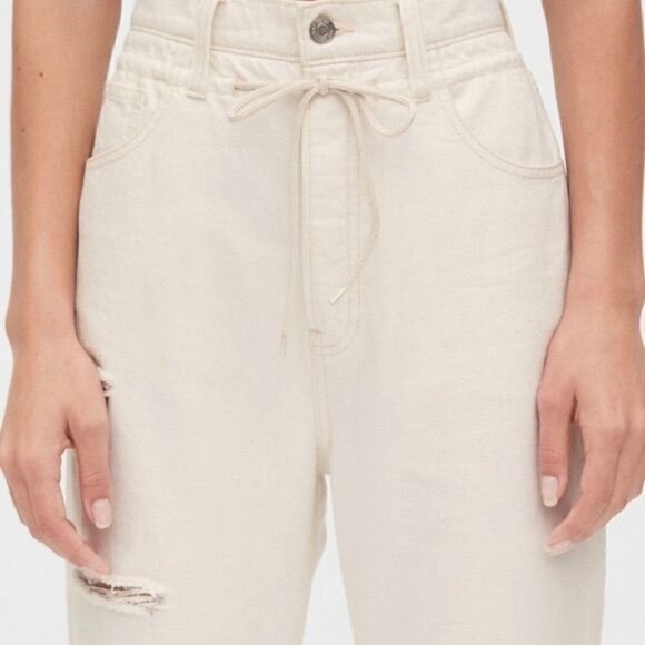 NWT Gap Boyfriend Draw Cord High Rise Distressed Jeans Paperbag Off White Sz 31P - Picture 2 of 15